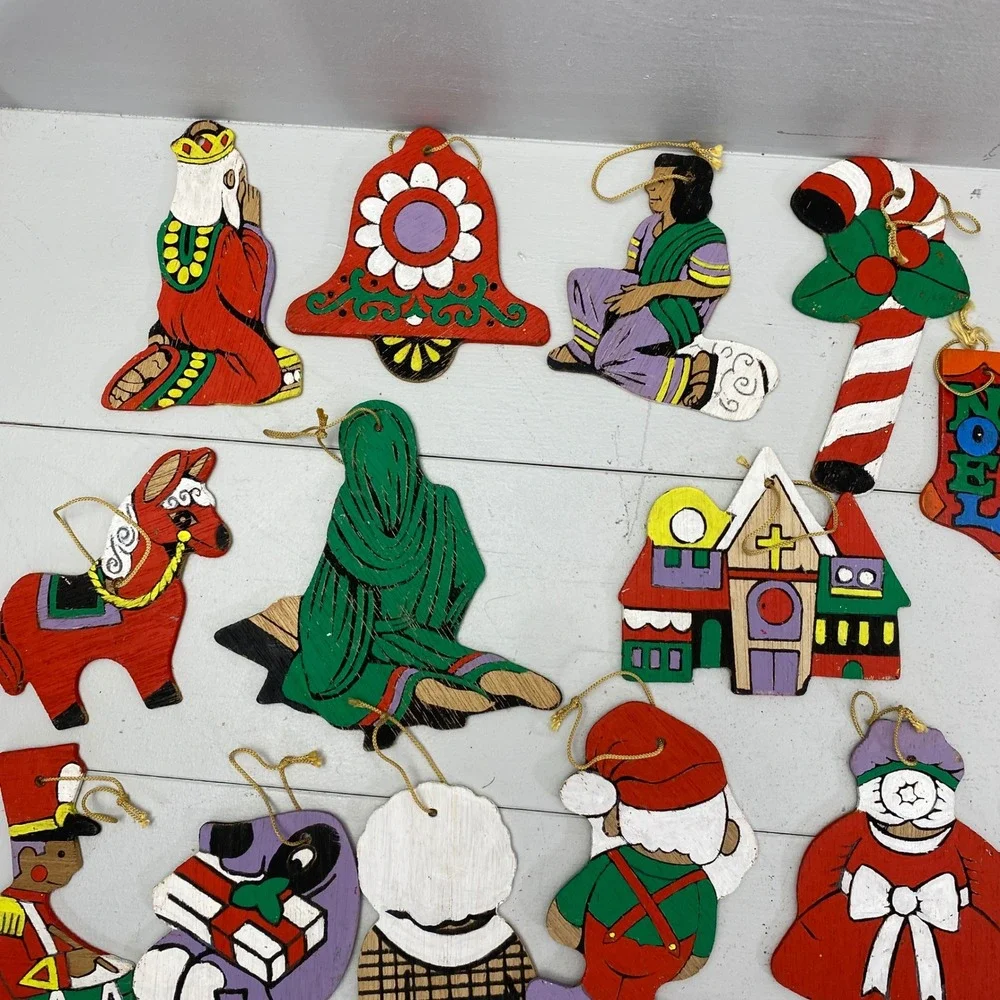 Vintage Wooden Christmas Ornaments Lot 28 Hand Painted Folk Art Mixed Christian